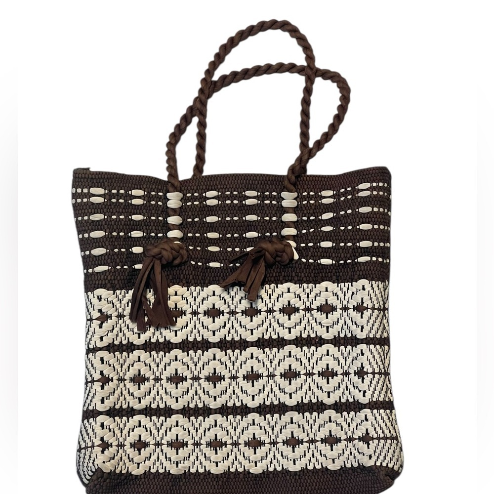 Vintage Brown and Cream Woven Tote Purse Boho Beachy